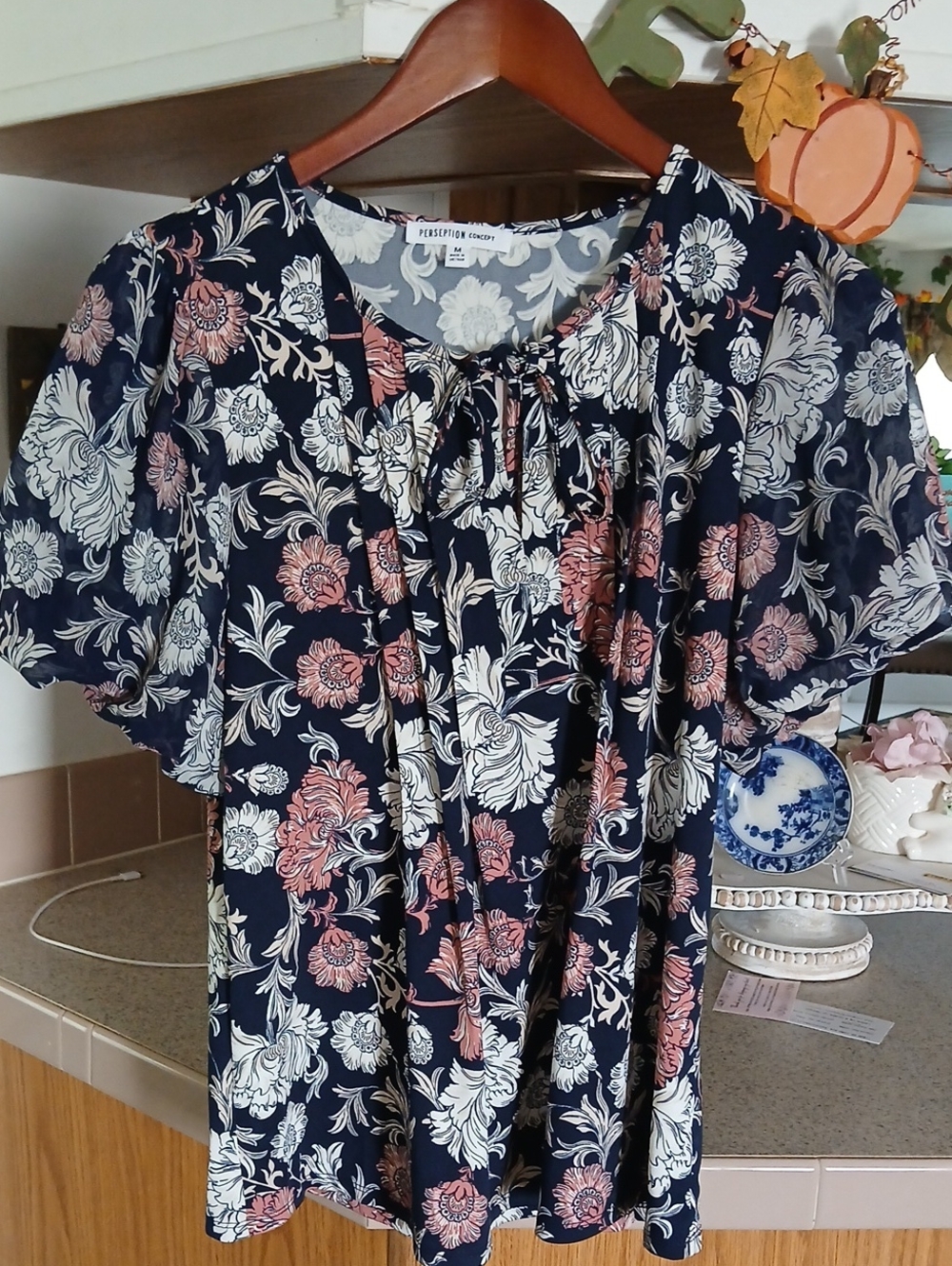 PerSeption Concept Navy Floral Tie-Front Blouse